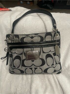 Coach Gray and Black Poppy Signature Canvas Shoulder Bag